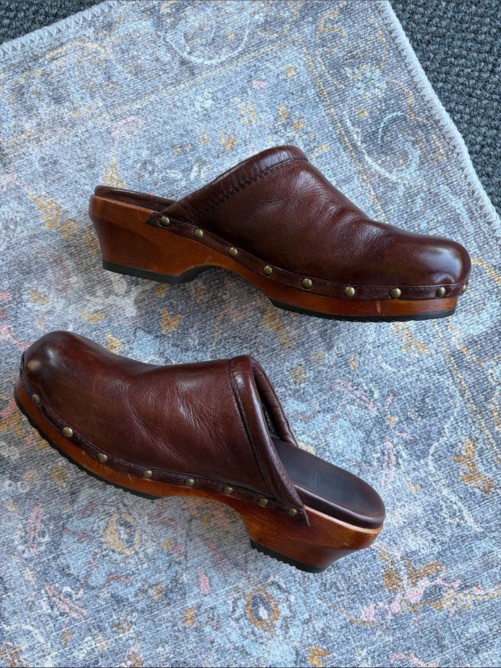 Frye ‘Clara Campus Clog’ Shearling Women’s Dark Brown Leather Studded Clog Mules